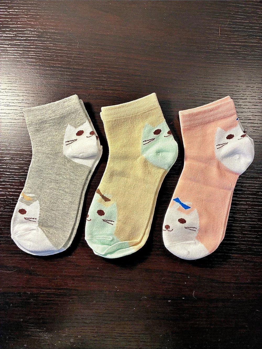 Cat Print Ankle Socks 3-Pair Set in Pink & Gray NWT